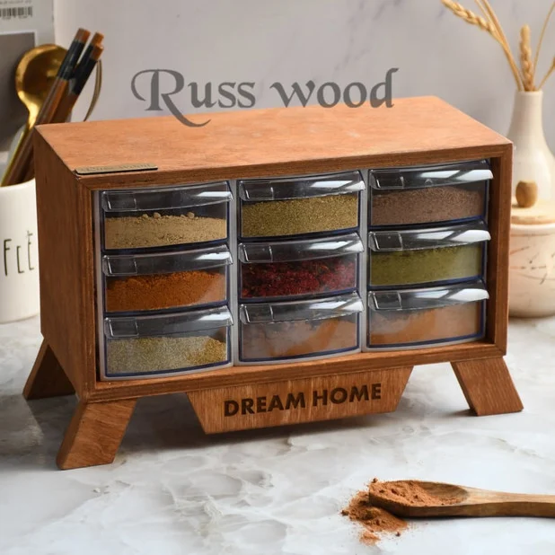 استند جا ادویه 9 کشو روس وود Russ Wood مدل چوب و اکرلیک کد 646